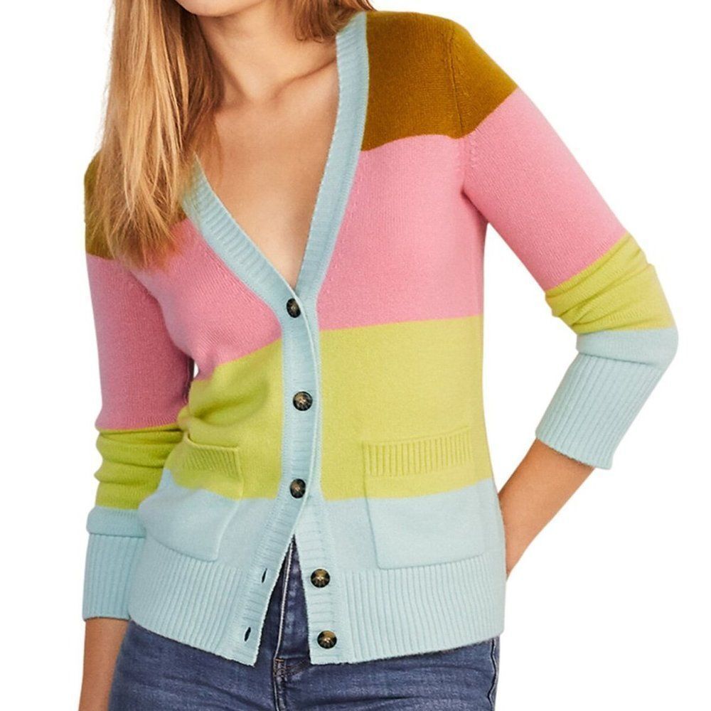 BODEN Frankincense Stripe Kew Cashmere Cardigan Sweater Patch Pocket Buttons NWT